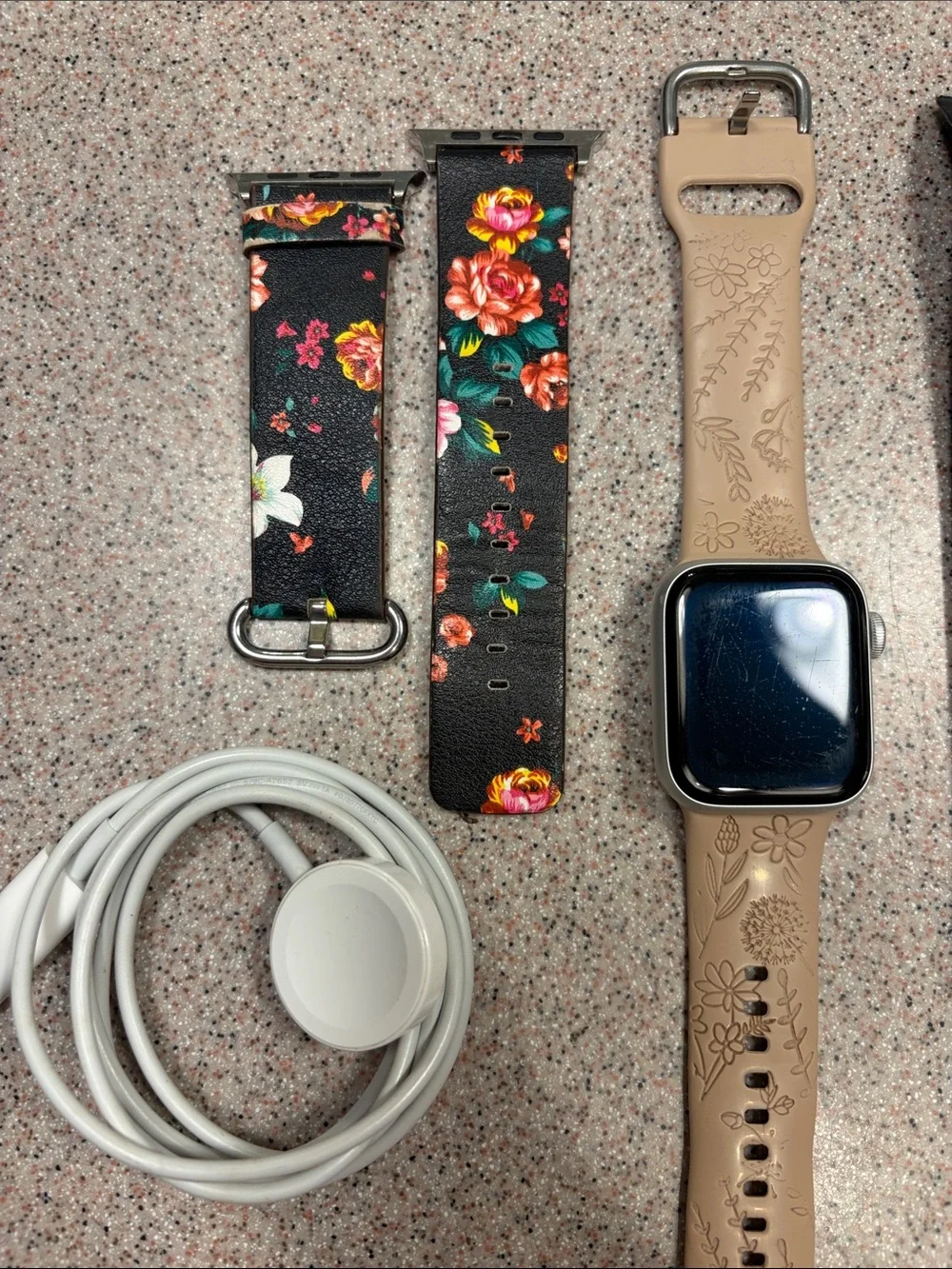 Apple Watch 40 mm with Tan Floral Silicone Band and Multiple Strap Options